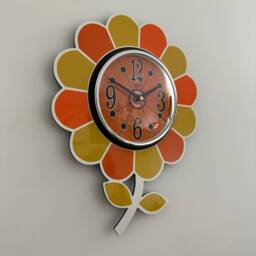 Handmade Mid-Century Modern Flower Wall Clock Tangerine Yellow, 1970S Style - thumbnail 2