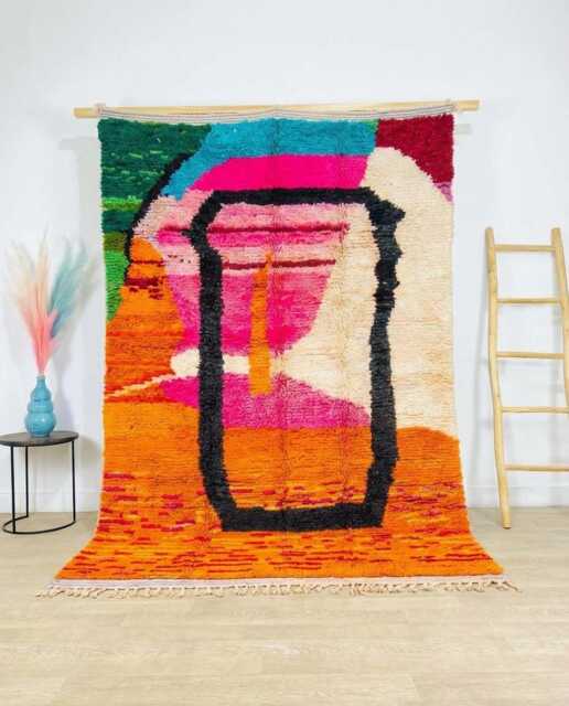 Abstract Moroccan Wool Rug in Vibrant Pink & Orange, Handmade Berber Shag Rug, Modern Boho Carpet, Large Living Room Area - image 1