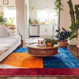 Blue Orange Abstract Moroccan Shag Rug, Vibrant Color Block Berber Carpet, Large Area Boho Living Room Handmade Wool - thumbnail 3