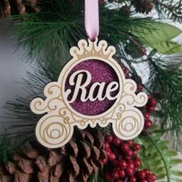 Princess Carriage Personalised Christmas Tree Name Hanger, Gift For Girl, Festive Keepsake, Xmas Eve Box, Fairytale Themed Bauble Decoration - thumbnail 2