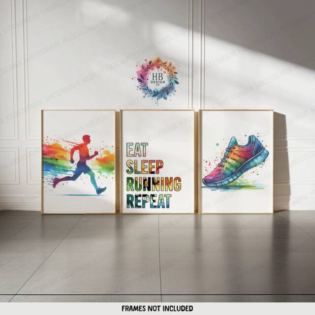 Running Poster Print Set - 3 Runner Prints - Watercolour Wall Art Colourful Artwork Run Room Decor Jogging Man Gifts Marathon Gift - image 1