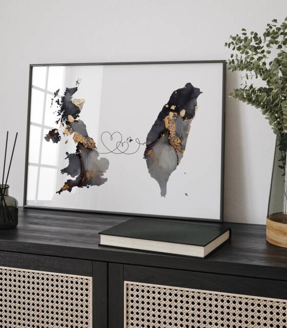Britain & Taiwan Map Black & Gold Travel Wall Art Print - United Kingdom UK - image 1