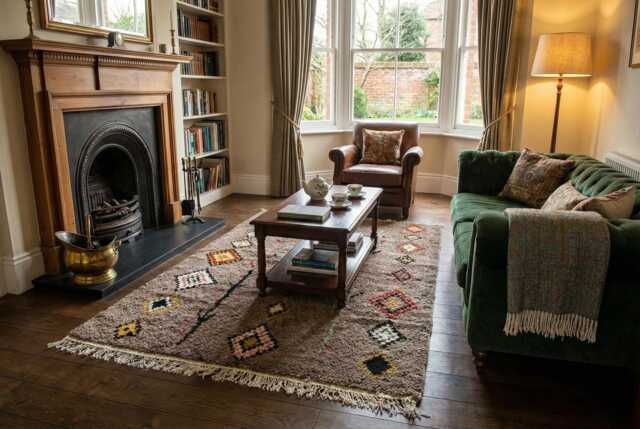 Hand-Woven Natural Wool Azilal Rug Earthy Mocha Diamonds, Artistic Berber Design - image 1