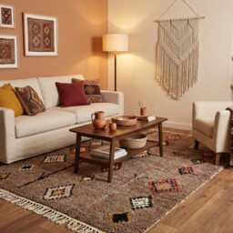Hand-Woven Natural Wool Azilal Rug Earthy Mocha Diamonds, Artistic Berber Design - thumbnail 2
