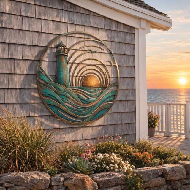 Coastal Lighthouse Metal Wall Art, Nautical Ocean Wave Sign, Teal Patina Beach House Decor, Sunset Seaside Plaque - image 1