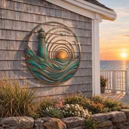 Coastal Lighthouse Metal Wall Art, Nautical Ocean Wave Sign, Teal Patina Beach House Decor, Sunset Seaside Plaque - thumbnail 1