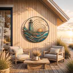 Coastal Lighthouse Metal Wall Art, Nautical Ocean Wave Sign, Teal Patina Beach House Decor, Sunset Seaside Plaque - thumbnail 3