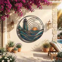 Coastal Lighthouse Metal Wall Art, Nautical Ocean Wave Sign, Teal Patina Beach House Decor, Sunset Seaside Plaque - thumbnail 2