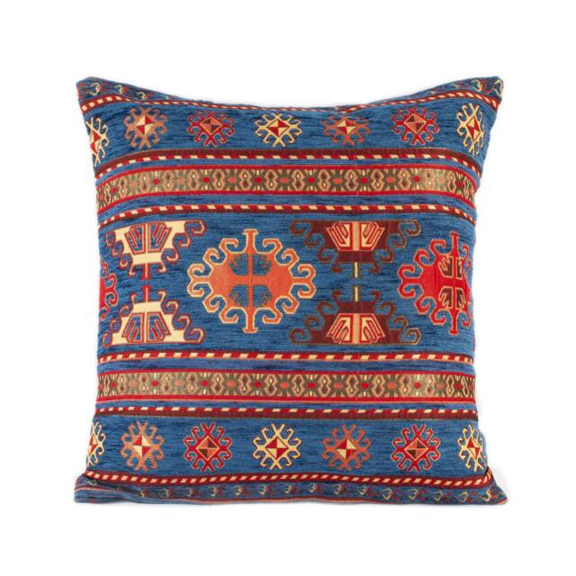 Blue Striped Kilim Pillow Cover - Chenille Tribal Medallion Cushion Boho Turkish Throw Woven Upholstery Fabric Case - image 1