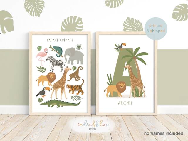 Set Of 2 Jungle Animal Prints, Personalised Name Print, Safari Animals Scandi Nursery, Playroom Kids Art - image 1