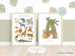 Set Of 2 Jungle Animal Prints, Personalised Name Print, Safari Animals Scandi Nursery, Playroom Kids Art - thumbnail 1