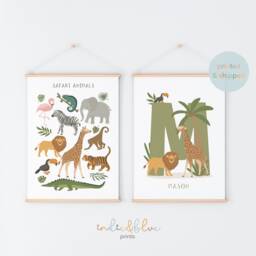 Set Of 2 Jungle Animal Prints, Personalised Name Print, Safari Animals Scandi Nursery, Playroom Kids Art - thumbnail 2