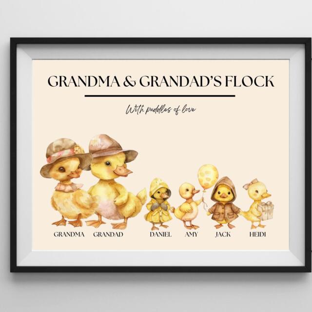 A4 A3 Personalised Grandparents Flock Family Print Duckling Grandad Grandma Nanna Nana Nanny Gift Puddles Of Love - image 1