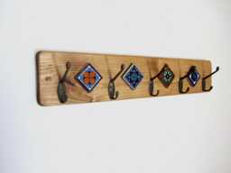 Rustic Wood Coat Rack Mexican Terracotta Tiles, Bronze Hooks, 60cm - thumbnail 1