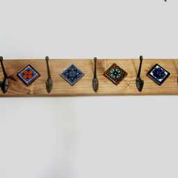 Rustic Wood Coat Rack Mexican Terracotta Tiles, Bronze Hooks, 60cm - thumbnail 3