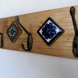 Rustic Wood Coat Rack Mexican Terracotta Tiles, Bronze Hooks, 60cm - thumbnail 2