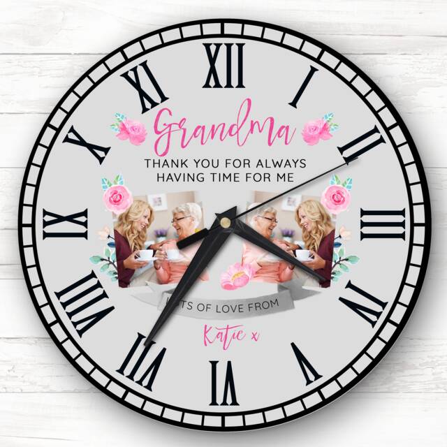 Grandma Photo Flowers Grey Personalised Gift Clock - image 1