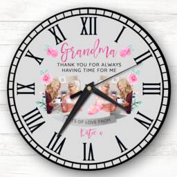 Grandma Photo Flowers Grey Personalised Gift Clock