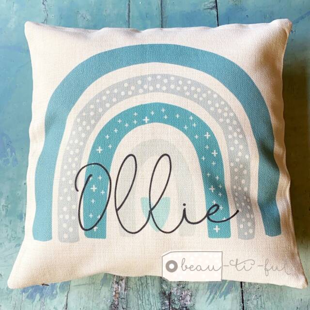 Personalised Name Teal Rainbow Design Home Quote Boho Linen Style Cushion Cover