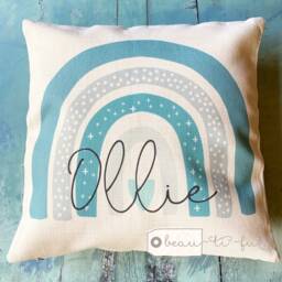 Personalised Name Teal Rainbow Design Home Quote Boho Linen Style Cushion Cover