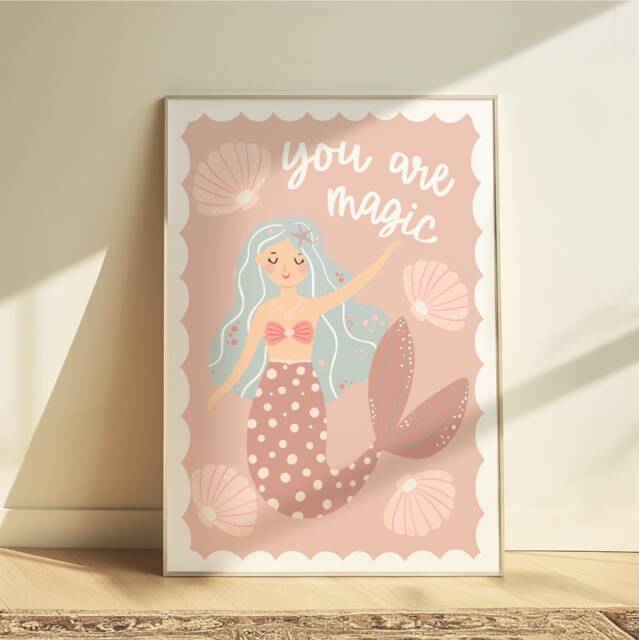Mermaid Print in Pastel Pink, Under The Sea Nursery Print, Girl Bedroom Decor, Quote - image 1