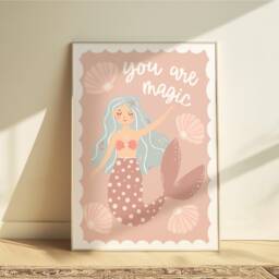 Mermaid Print in Pastel Pink, Under The Sea Nursery Print, Girl Bedroom Decor, Quote - thumbnail 1