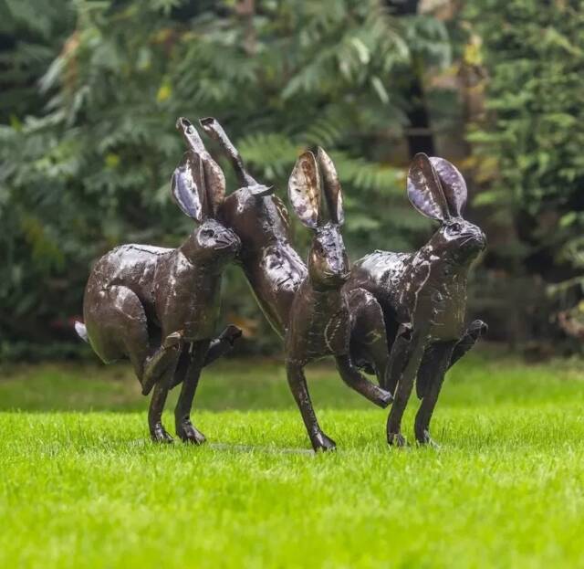Hand Crafted Metal Three Hares Running Recycled Garden Sculpture. Large Handmade Statue Decor - image 1