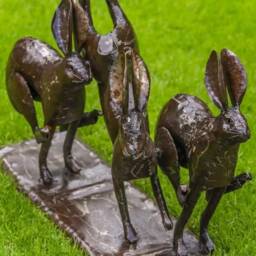 Hand Crafted Metal Three Hares Running Recycled Garden Sculpture. Large Handmade Statue Decor - thumbnail 2