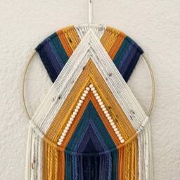 Navy Blue Orange & Yellow Yarn Wall Hanging, Handmade Hangings, Hoop Beaded Art, Modern Macrame - thumbnail 2