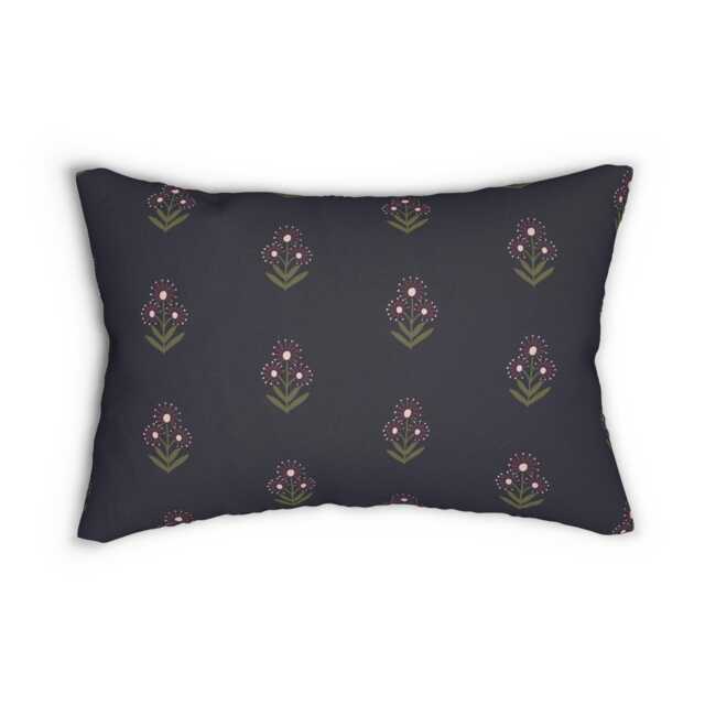 Lumbar Pillow, Boho Floral Block Print, Navy Sage Burgundy, Nursery Decor, Flowers Decorative Bohemian Room Neutral Bedroom - image 1