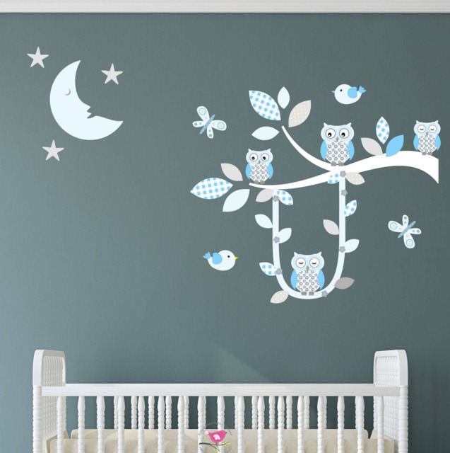 Owl Wall Stickers, Tree Swing Decals, Boys Blue & Grey Nursery Decor, Birds, Butterflies, White Branch Mural, Sleeping Moon & Stars - image 1