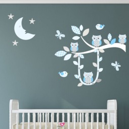 Owl Wall Stickers, Tree Swing Decals, Boys Blue & Grey Nursery Decor, Birds, Butterflies, White Branch Mural, Sleeping Moon & Stars - thumbnail 1