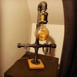 Industrial Bedside Lamp, Solid Oak Base, Upcycled Steampunk, Retro, Mancave Complete With Edison Bulb & Switch - thumbnail 3