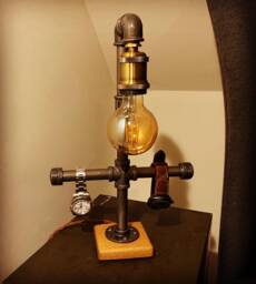Industrial Bedside Lamp, Solid Oak Base, Upcycled Steampunk, Retro, Mancave Complete With Edison Bulb & Switch - thumbnail 1