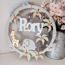 Personalised Jungle Animal Bedroom Name Hoop, Safari Nursery Door Sign - thumbnail 1