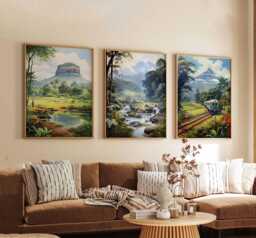 Set Of 3 Sigiriya Sri Lanka Posters, Lion Rock Prints, Travel Poster Set, Asia Wall Art Decor, Minimalist Landscape - thumbnail 1