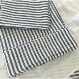 Slate Gray & White Ticking Striped Linen Sheets, Fitted Sheet, Top Extra Large Full Sheets Set, Sheets Queen, King - thumbnail 2