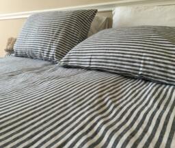 Slate Gray & White Ticking Striped Linen Sheets, Fitted Sheet, Top Extra Large Full Sheets Set, Sheets Queen, King - thumbnail 1