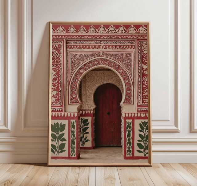 Moroccan Doorway Wall Art Print, Islamic Architecture Poster, Red Arch Decor For Boho Living Room, Poster - image 1