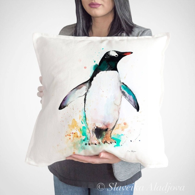 Gentoo Penguin Throw Pillow Cover By Slaveika Aladjova, Cushion Cover, Decorative Pillow Cover, Animal Art, Watercolor Pillow, Christmas - image 1