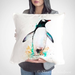 Gentoo Penguin Throw Pillow Cover By Slaveika Aladjova, Cushion Cover, Decorative Pillow Cover, Animal Art, Watercolor Pillow, Christmas - thumbnail 1