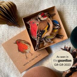 Wooden Bird Christmas Ornament Set 5 Piece Gift Set, Illustrated Garden Decorations, Sustainably Made - thumbnail 2