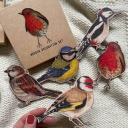Wooden Bird Christmas Ornament Set 5 Piece Gift Set, Illustrated Garden Decorations, Sustainably Made - thumbnail 1