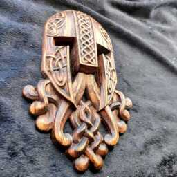 Viking Celtic Wood Carving Mask Odin Thor Norse Pagan Onlay Helmet - thumbnail 1
