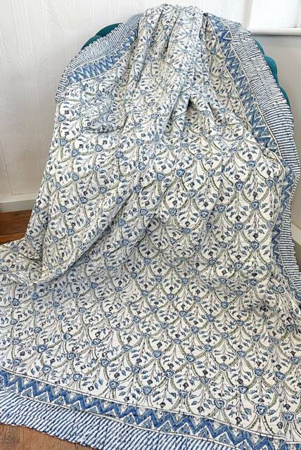 Kantha Stitch Pure Cotton Reversible Bed/Sofa Throw King Size - Handmade Handprinted Country Dohar Elegant White Grey Blue Wave Diamond - image 1