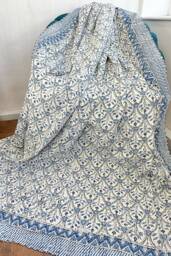 Kantha Stitch Pure Cotton Reversible Bed/Sofa Throw King Size - Handmade Handprinted Country Dohar Elegant White Grey Blue Wave Diamond