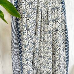 Kantha Stitch Pure Cotton Reversible Bed/Sofa Throw King Size - Handmade Handprinted Country Dohar Elegant White Grey Blue Wave Diamond - thumbnail 4