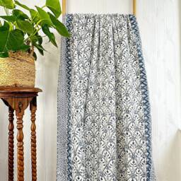 Kantha Stitch Pure Cotton Reversible Bed/Sofa Throw King Size - Handmade Handprinted Country Dohar Elegant White Grey Blue Wave Diamond - thumbnail 2