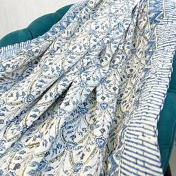 Kantha Stitch Pure Cotton Reversible Bed/Sofa Throw King Size - Handmade Handprinted Country Dohar Elegant White Grey Blue Wave Diamond - thumbnail 3