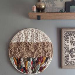 Handwoven Round Wall Hanging - Neutral & Rainbow Soumak Ooak Specterandashe Handmade Original - thumbnail 3